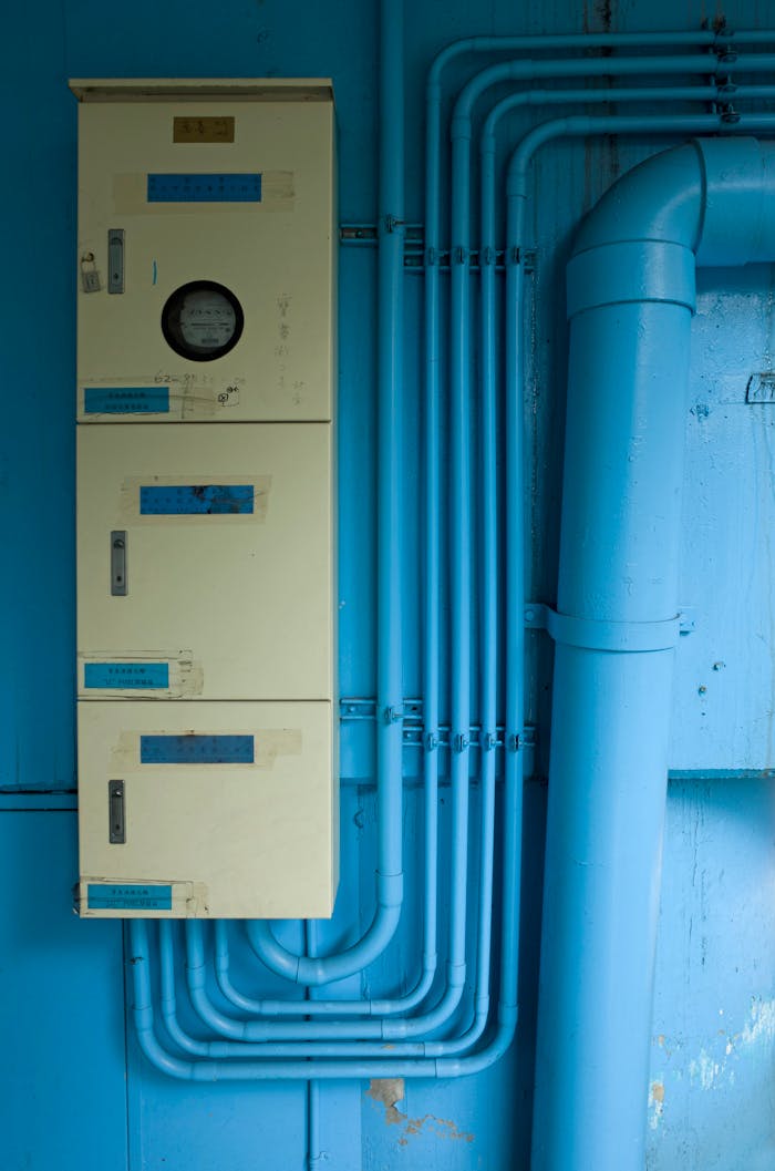 services-06 A close-up view of an industrial electric distribution board with blue pipes, emphasizing urban infrastructure.